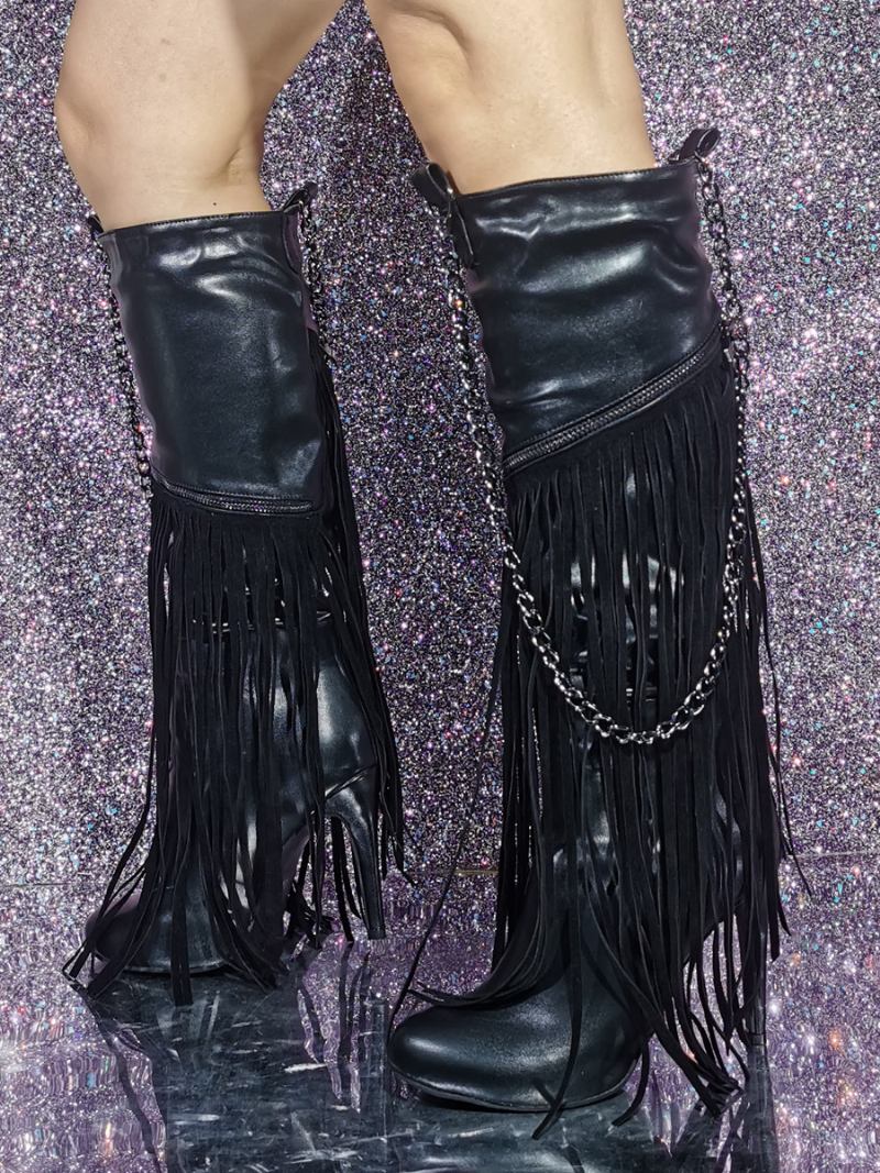 Botas Femininas Couro Pu Com Salto Agulha E Cano Alto Borlas - Preto