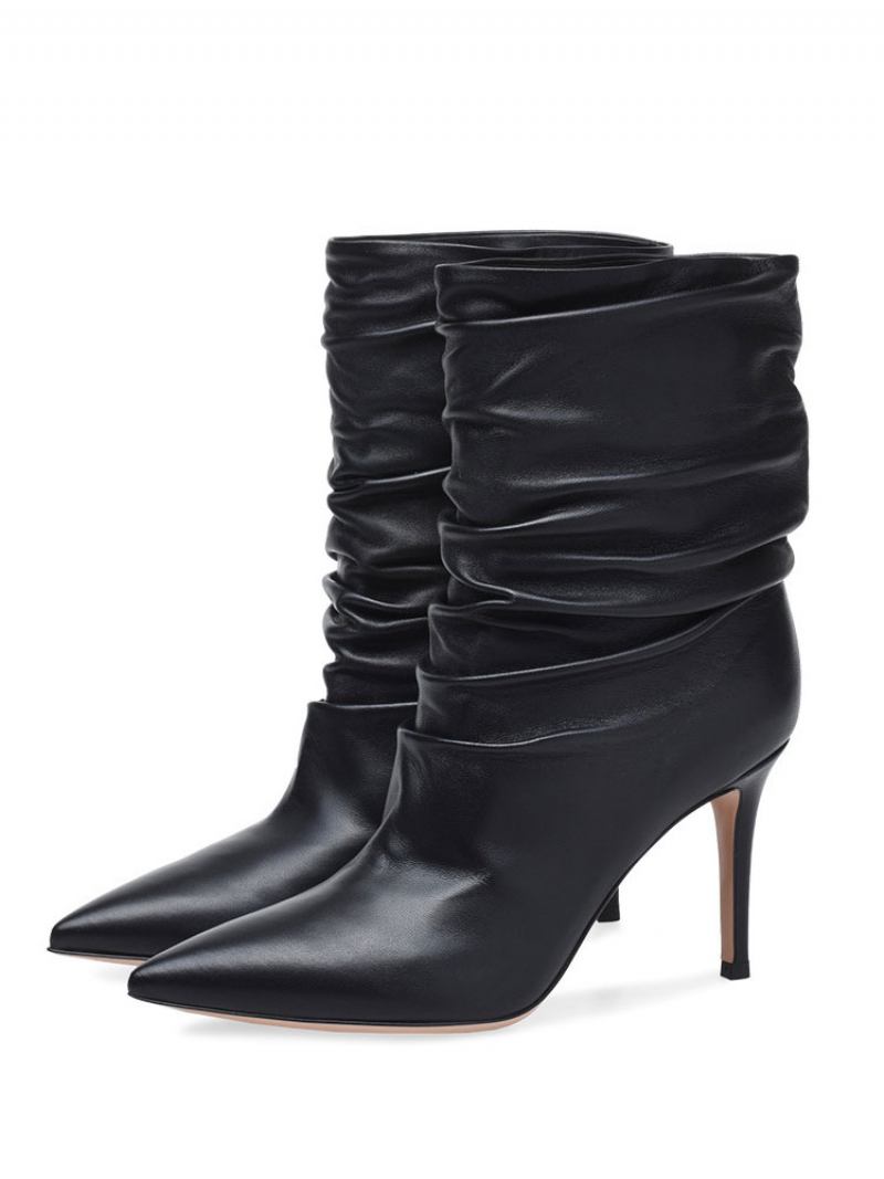 Botas Femininas Desleixadas Com Bico Fino E Salto Alto - Preto