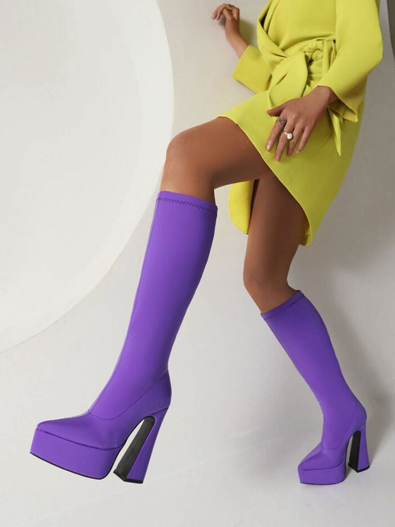 Botas Femininas Elásticas Com Plataforma Bico Fino E Salto Médio Panturrilha - Roxo