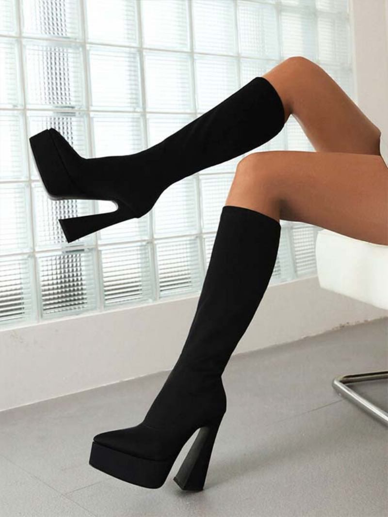 Botas Femininas Elásticas Com Plataforma Bico Fino E Salto Médio Panturrilha - Preto