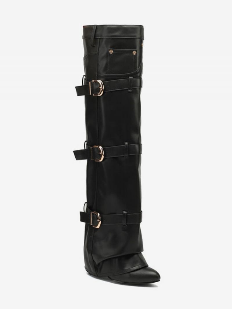 Botas Femininas Marrons Acima Do Joelho Bico Fino Com Fivela E Detalhes Dobráveis - Preto