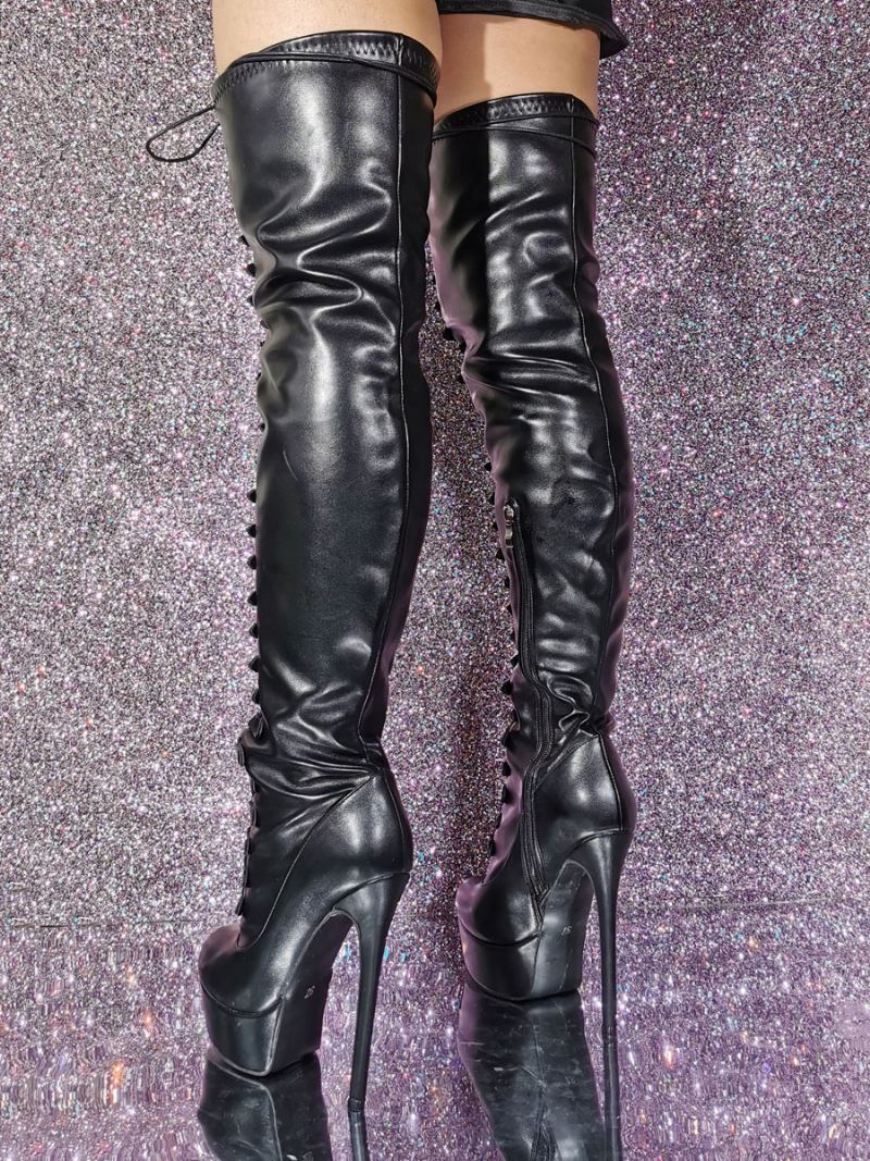 Botas Femininas Na Coxa Com Bico Redondo E Salto Agulha Em Couro Pu - Preto