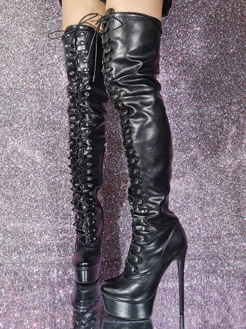 Botas Femininas Na Coxa Com Bico Redondo E Salto Agulha Em Couro Pu - Preto