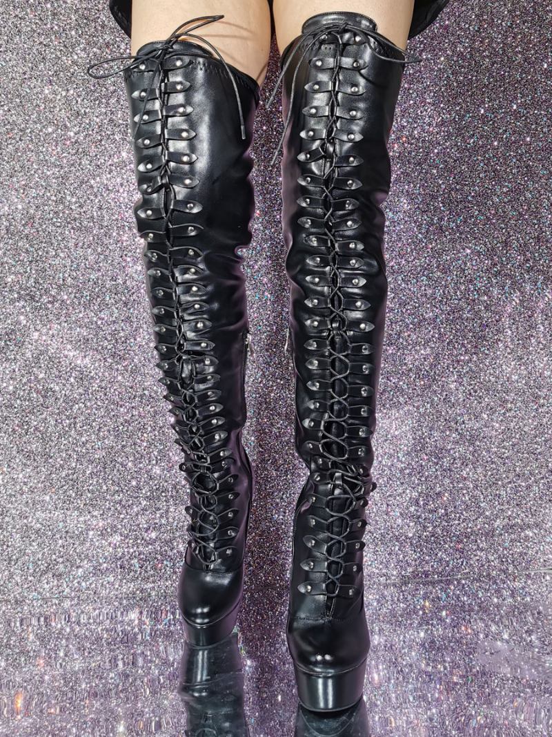 Botas Femininas Na Coxa Com Bico Redondo E Salto Agulha Em Couro Pu - Preto