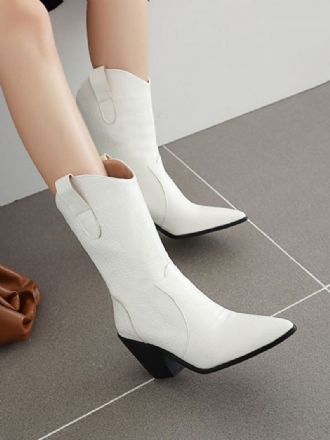 Botas Femininas Ocidentais Com Bico Fino Branco E Salto Grosso