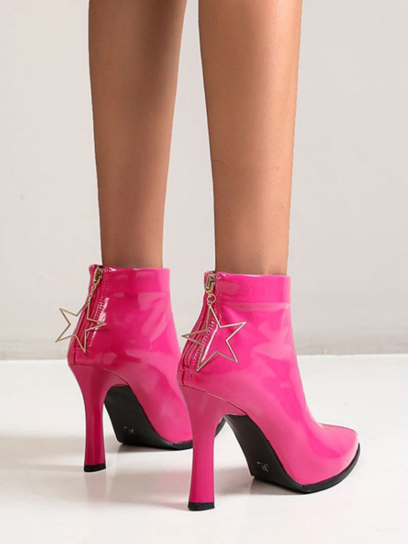 Botas Femininas Oragnge Couro Preto Bico Fino Salto Grosso Bota Tornozelo - Rosa