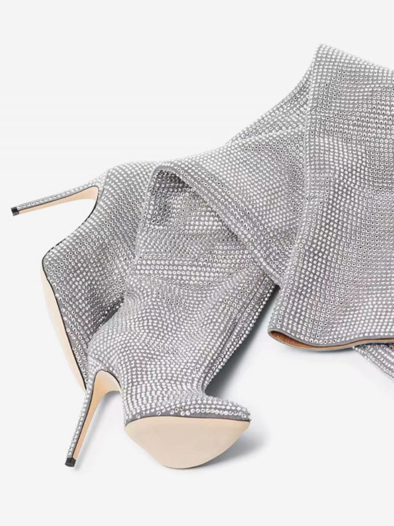 Botas Femininas Prateadas Sobre O Joelho Com Strass Bico Fino Na Coxa Altas Para Festa - Prata