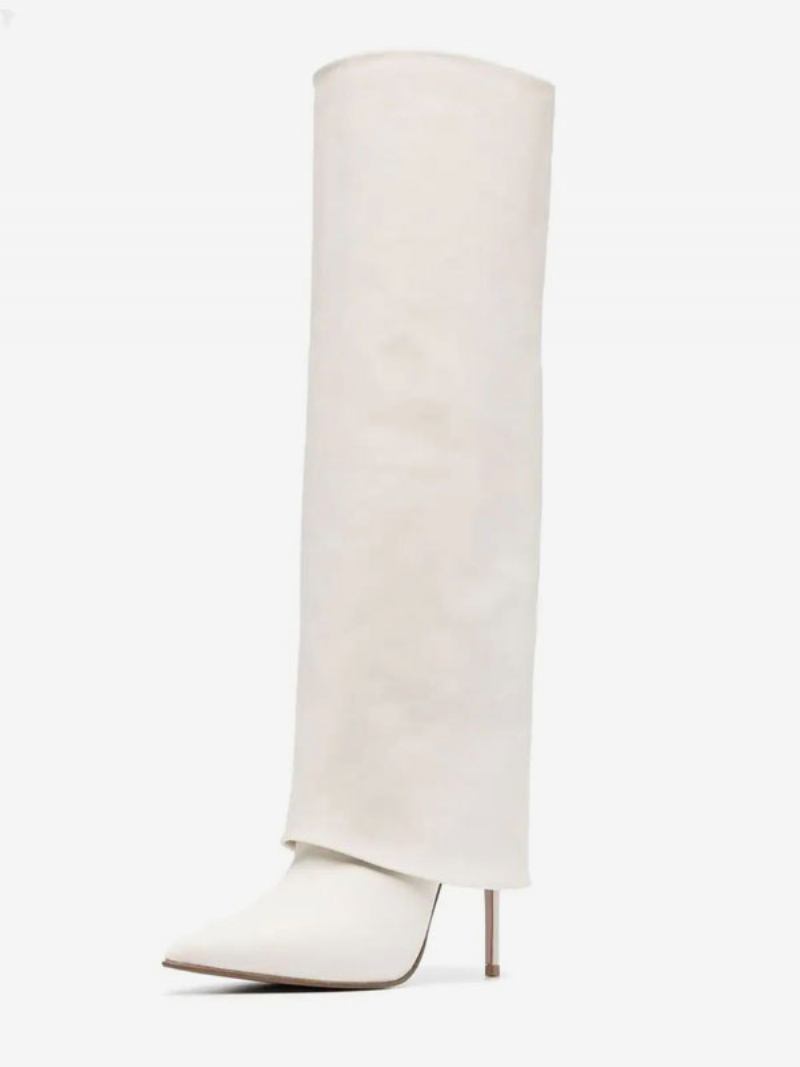 Botas Femininas Pretas Bico Fino Dobráveis Cano Alto - Bege