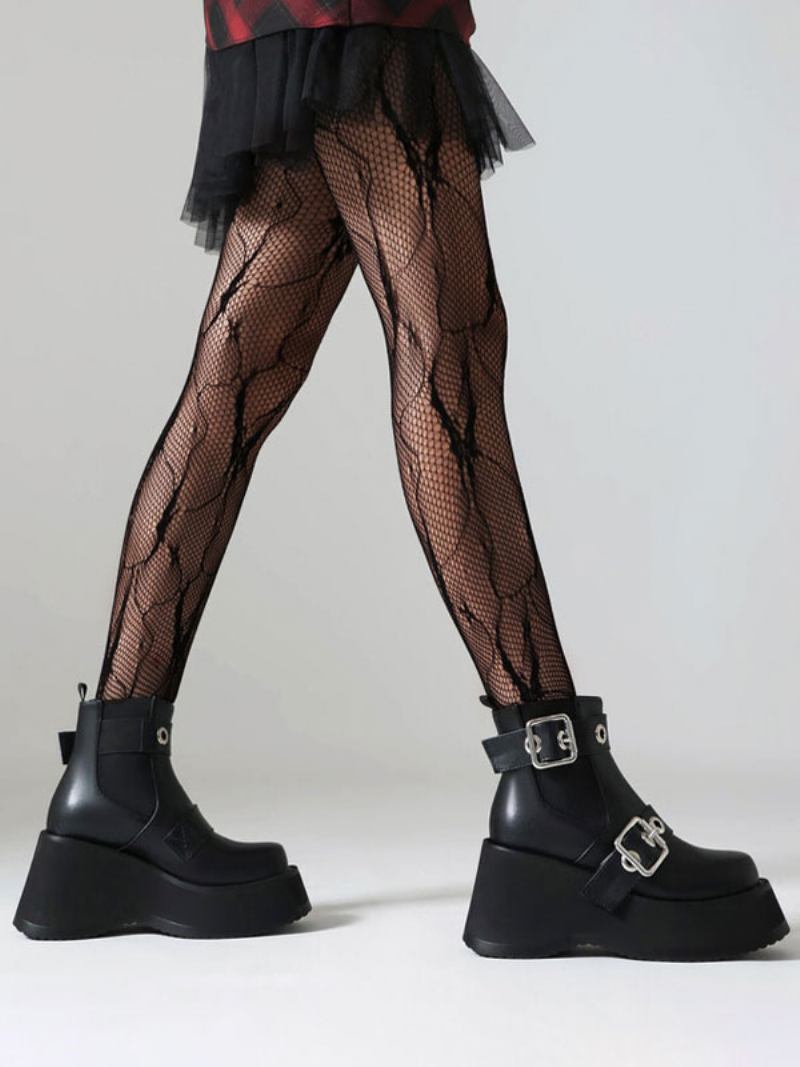Botas Femininas Pretas Com Bico Redondo E Plataforma Plana - Preto