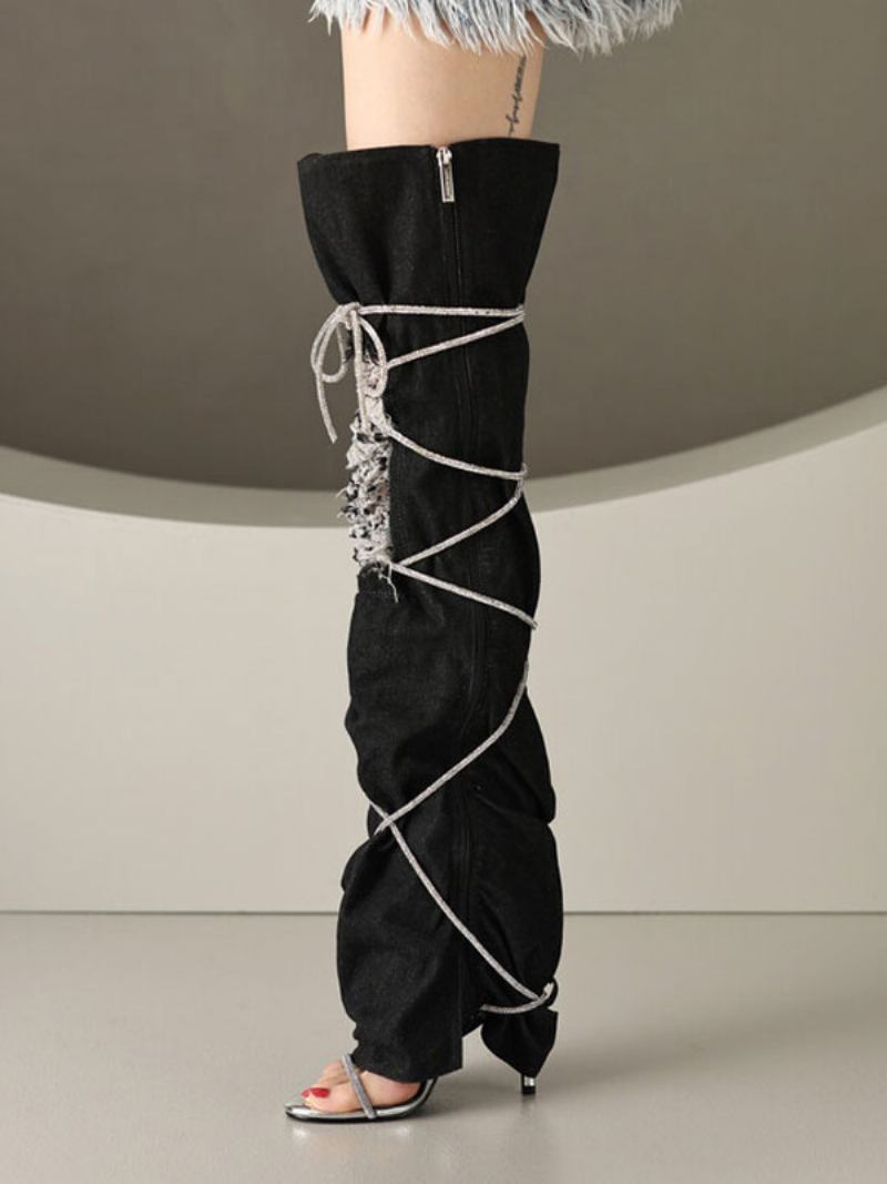 Botas Femininas Pretas Sobre O Joelho Com Strass Projetadas Cadarço Para Verão - Preto
