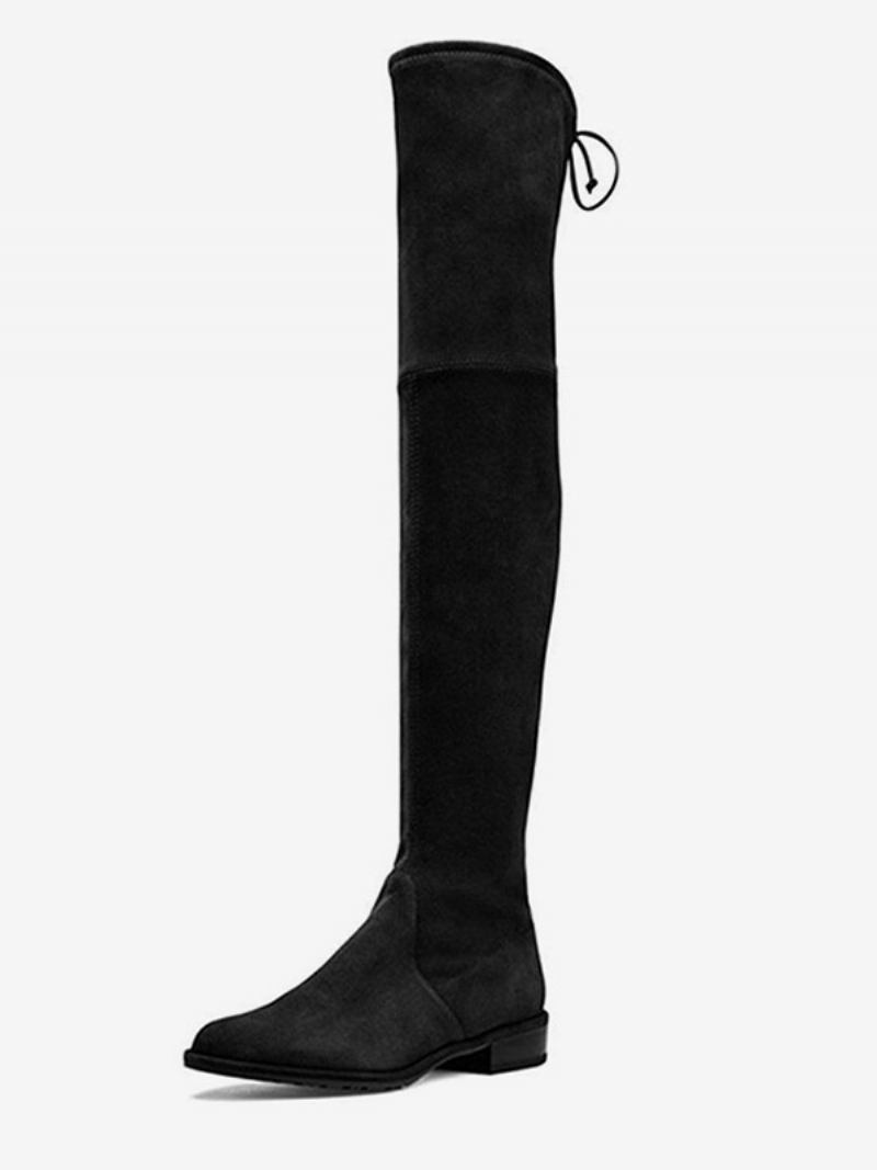 Botas Femininas Rasteiras Camurça Preta Com Reforço Sobre O Joelho