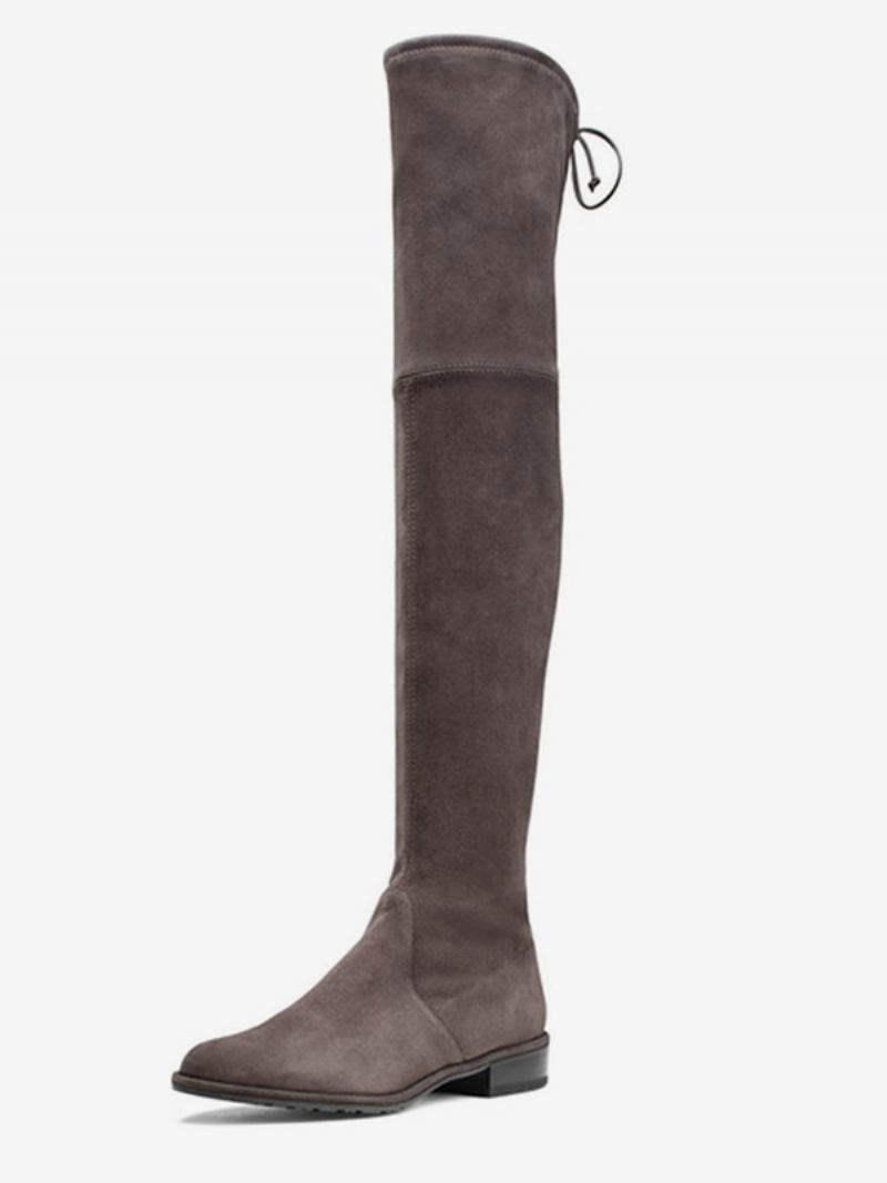 Botas Femininas Rasteiras Camurça Preta Com Reforço Sobre O Joelho - Cinza