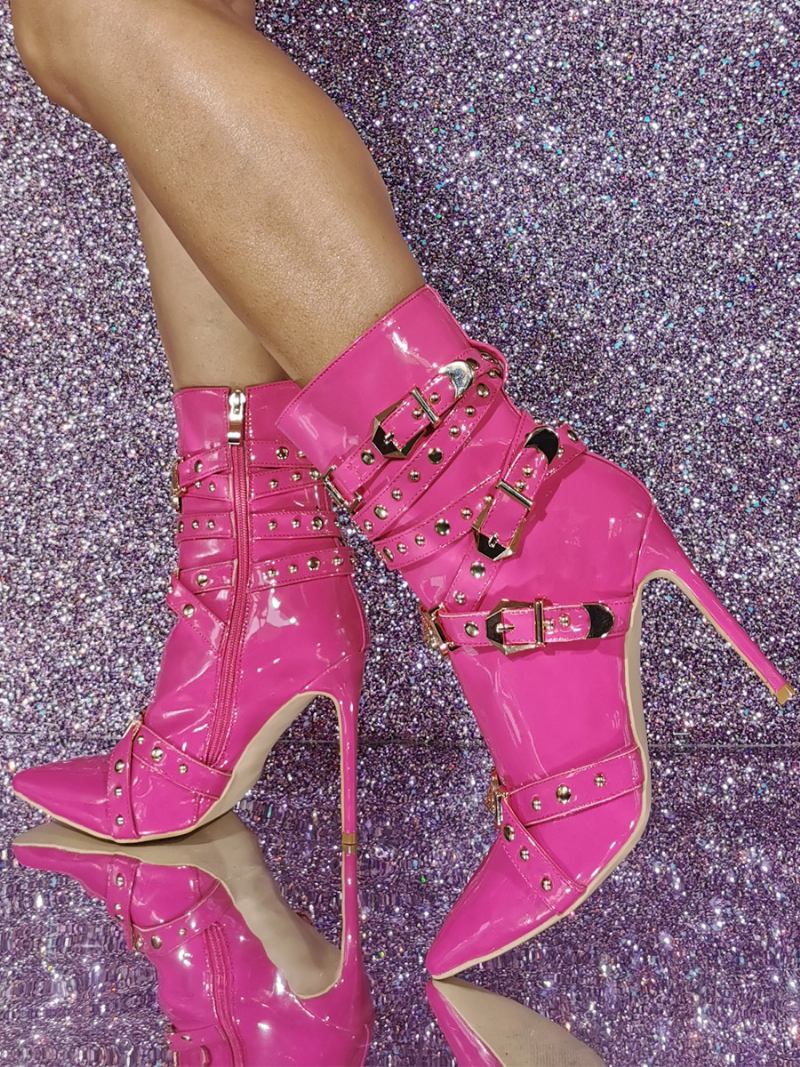 Botas Femininas Rosa Até O Tornozelo Bico Fino Com Fivela E Salto Alto