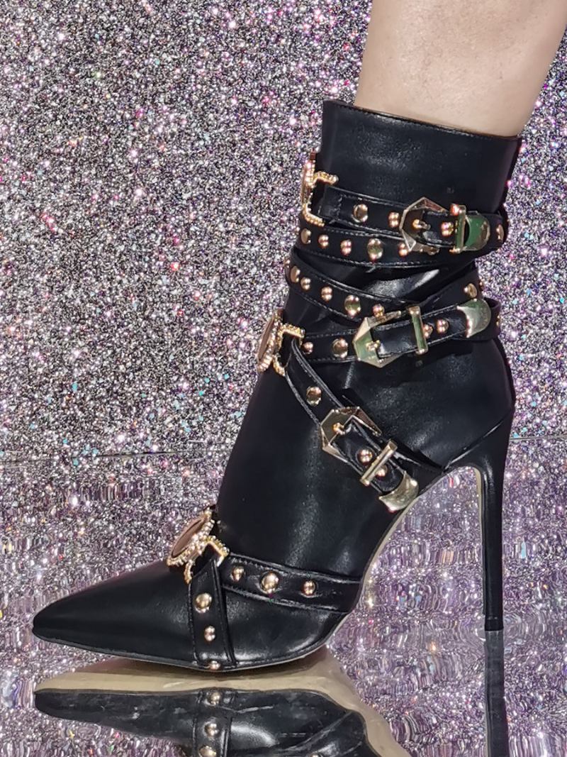 Botas Femininas Rosa Até O Tornozelo Bico Fino Com Fivela E Salto Alto - Preta