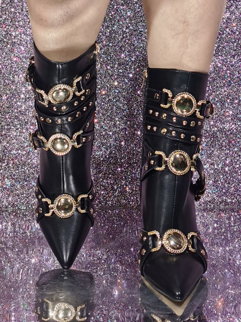Botas Femininas Rosa Até O Tornozelo Bico Fino Com Fivela E Salto Alto - Preta