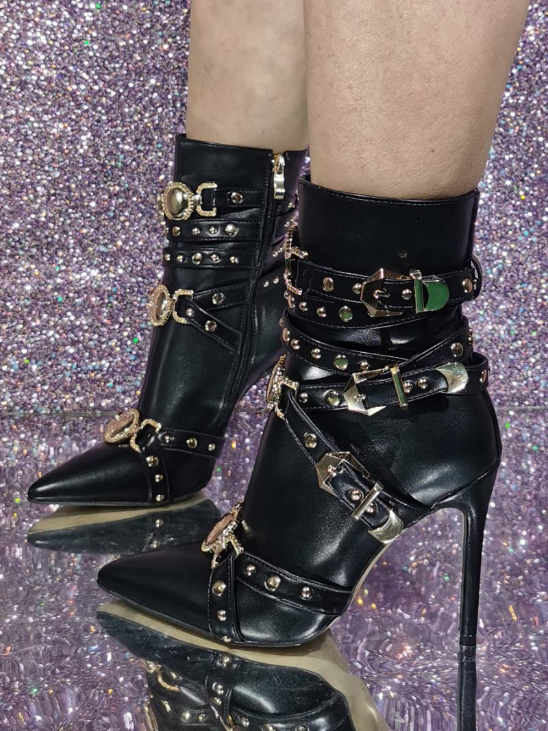 Botas Femininas Rosa Até O Tornozelo Bico Fino Com Fivela E Salto Alto - Preta