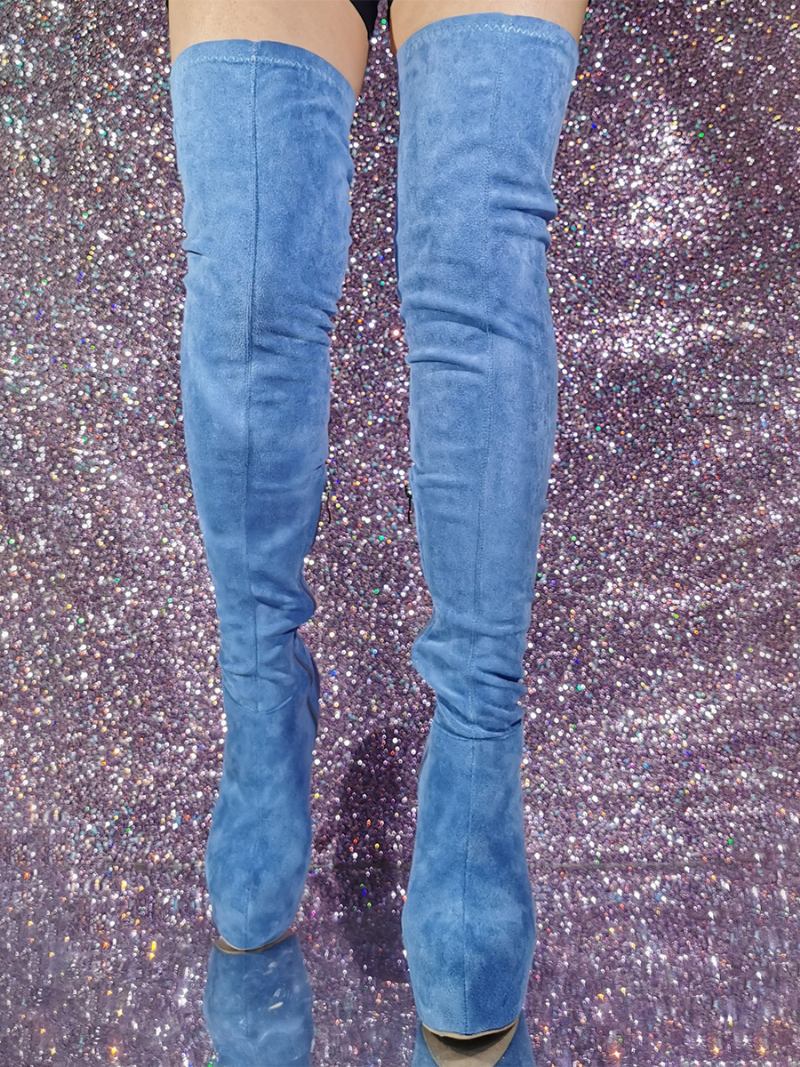 Botas Femininas Salto Agulha Micro Camurça Na Parte Superior Da Coxa - Azul Céu Claro