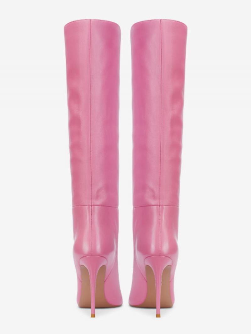Botas Femininas Salto Alto Até O Joelho Com Bico Fino E Agulha - Rosa
