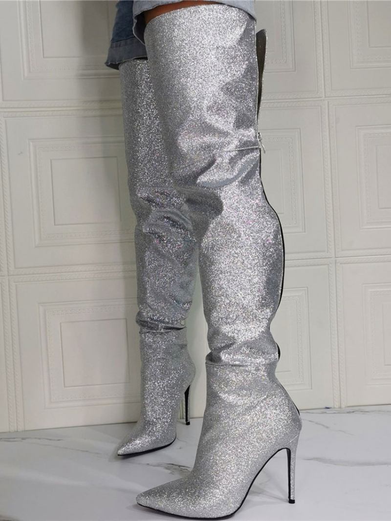 Botas Femininas Salto Alto Com Glitter Na Coxa Em Prata - Prata