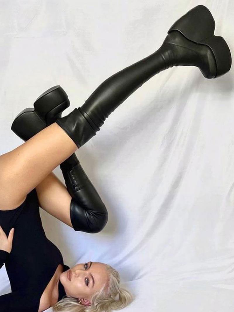 Botas Femininas Sexy Até A Coxa Bico Quadrado Salto Cunha Preto Sobre O Joelho