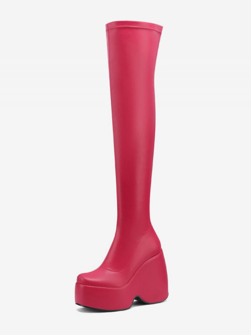 Botas Femininas Sexy Até A Coxa Bico Quadrado Salto Cunha Preto Sobre O Joelho - Rosa