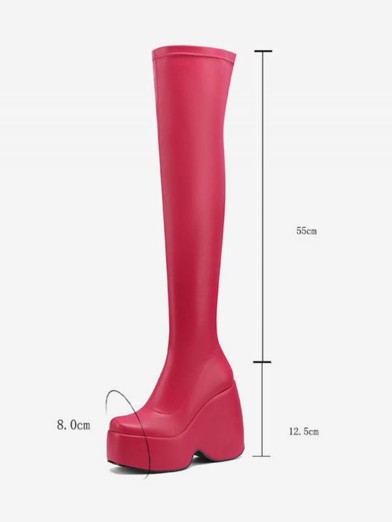 Botas Femininas Sexy Até A Coxa Bico Quadrado Salto Cunha Preto Sobre O Joelho - Rosa