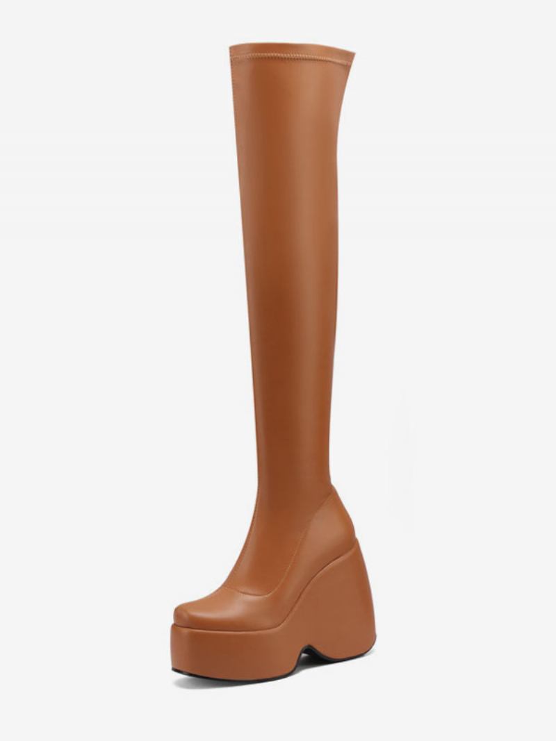 Botas Femininas Sexy Até A Coxa Bico Quadrado Salto Cunha Preto Sobre O Joelho - Castanho Café