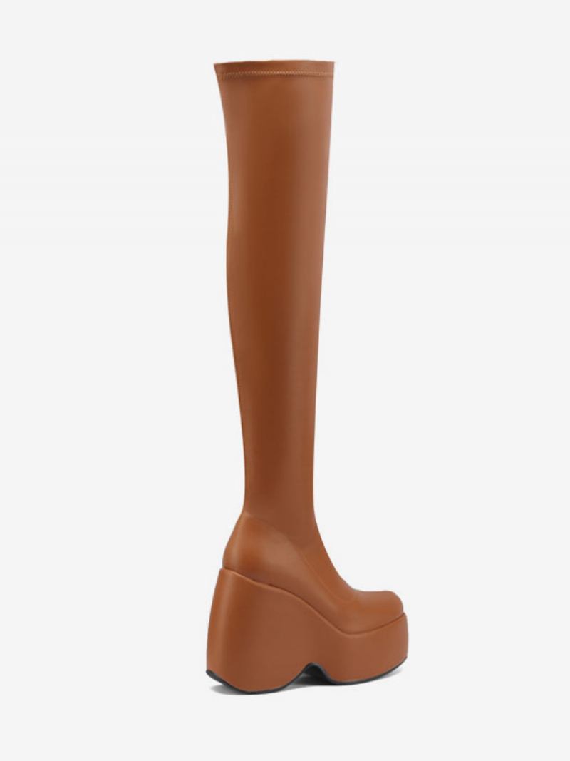 Botas Femininas Sexy Até A Coxa Bico Quadrado Salto Cunha Preto Sobre O Joelho - Castanho Café