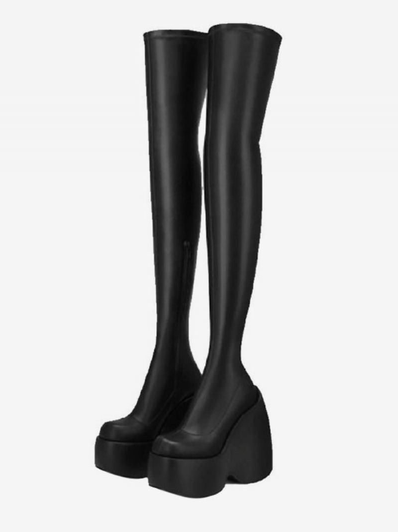 Botas Femininas Sexy Até A Coxa Bico Quadrado Salto Cunha Preto Sobre O Joelho - Preto