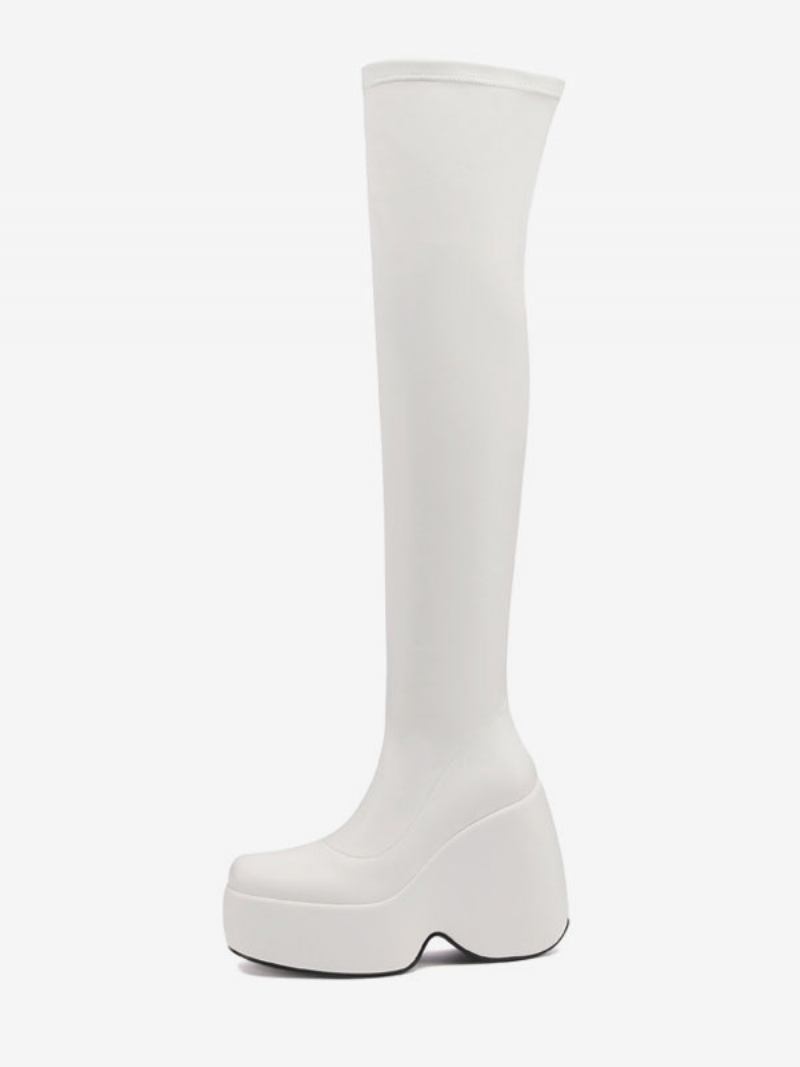 Botas Femininas Sexy Até A Coxa Bico Quadrado Salto Cunha Preto Sobre O Joelho - Branco