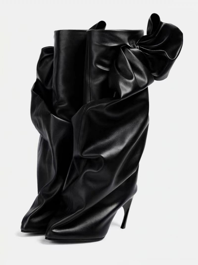 Botas Pretas Cano Médio Femininas Bico Redondo Salto Agulha Laço Franzido Alto