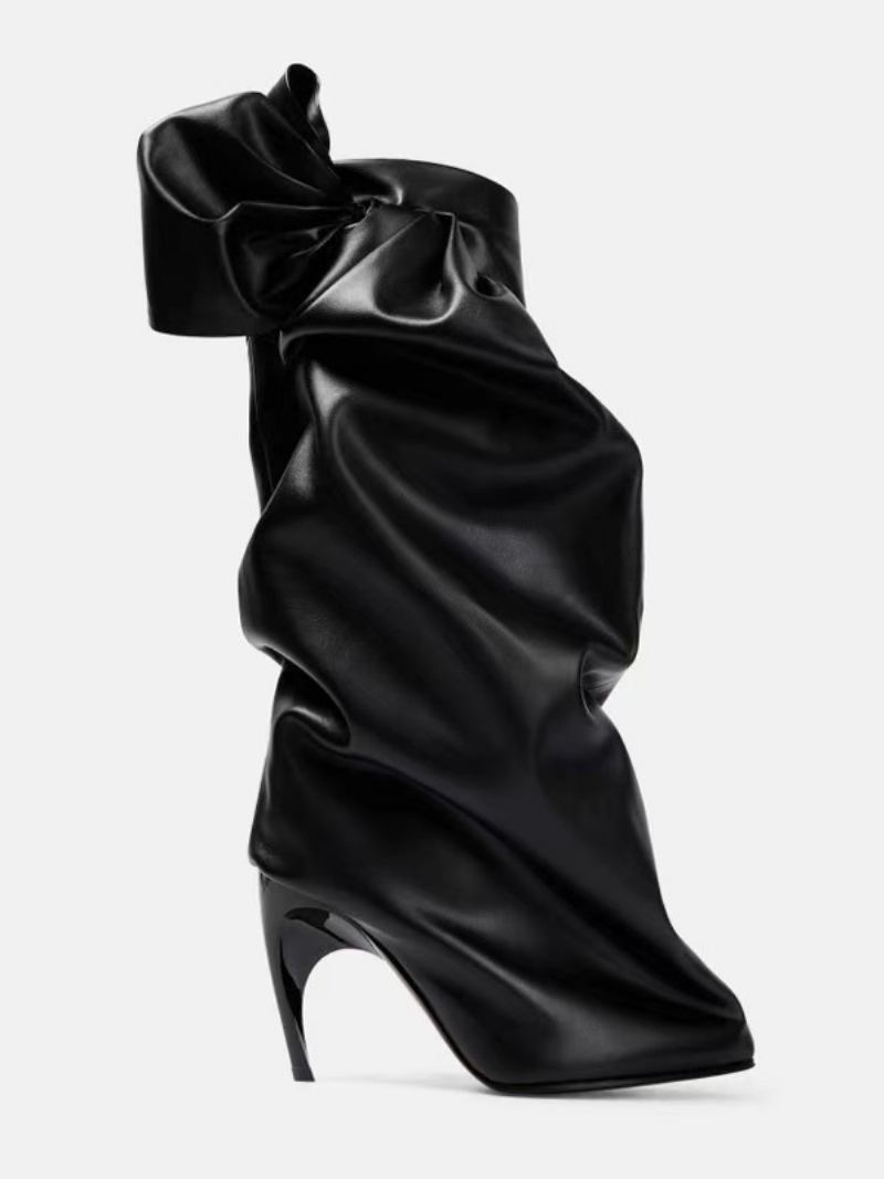 Botas Pretas Cano Médio Femininas Bico Redondo Salto Agulha Laço Franzido Alto - Preto