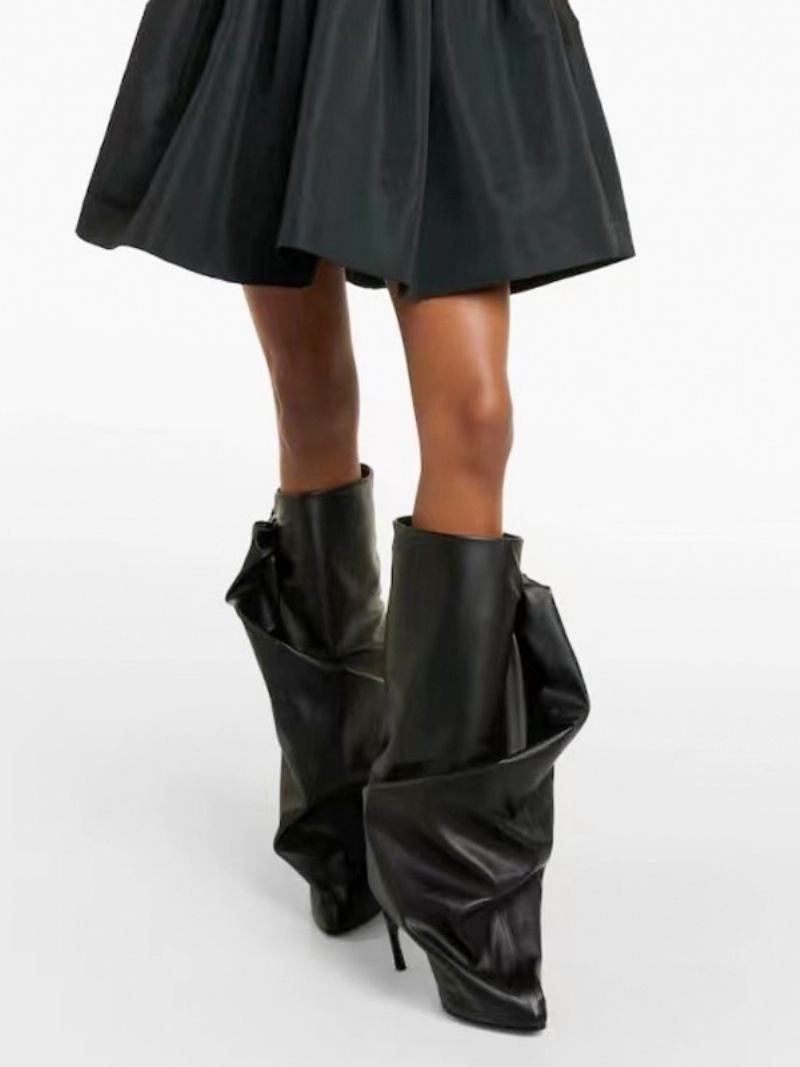 Botas Pretas Cano Médio Femininas Bico Redondo Salto Agulha Laço Franzido Alto - Preto