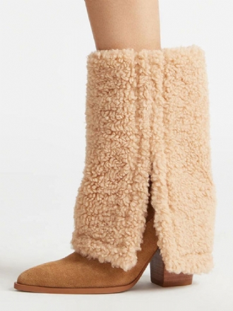 Botas Tornozelo Femininas Camurça Marrom Curto Pelúcia Dobrável Sobre Inverno Salto Grosso