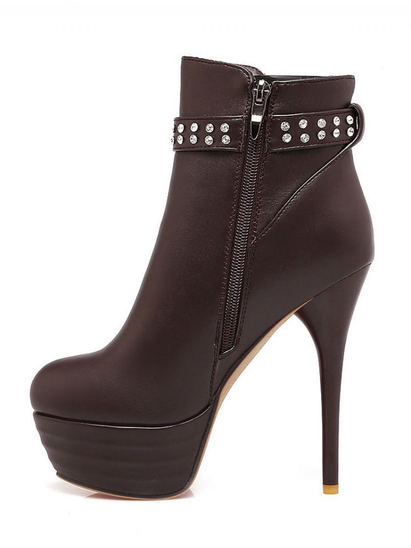 Botas Tornozelo Marrom Femininas Salto Alto Plataforma Dedo Do Pé Redondo Strass - Café Marrom