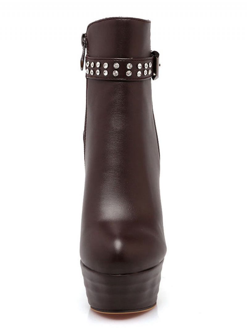 Botas Tornozelo Marrom Femininas Salto Alto Plataforma Dedo Do Pé Redondo Strass - Café Marrom