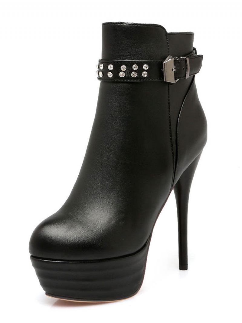 Botas Tornozelo Marrom Femininas Salto Alto Plataforma Dedo Do Pé Redondo Strass - Preto