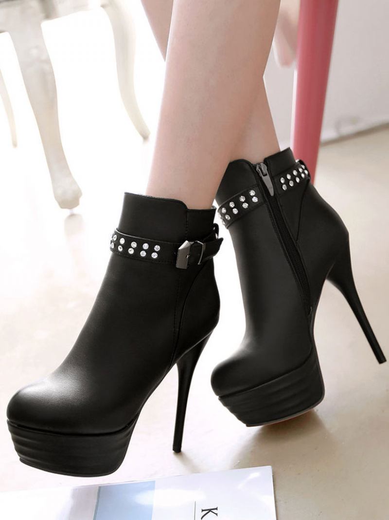 Botas Tornozelo Marrom Femininas Salto Alto Plataforma Dedo Do Pé Redondo Strass - Preto