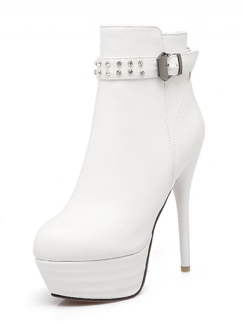 Botas Tornozelo Marrom Femininas Salto Alto Plataforma Dedo Do Pé Redondo Strass - Branco