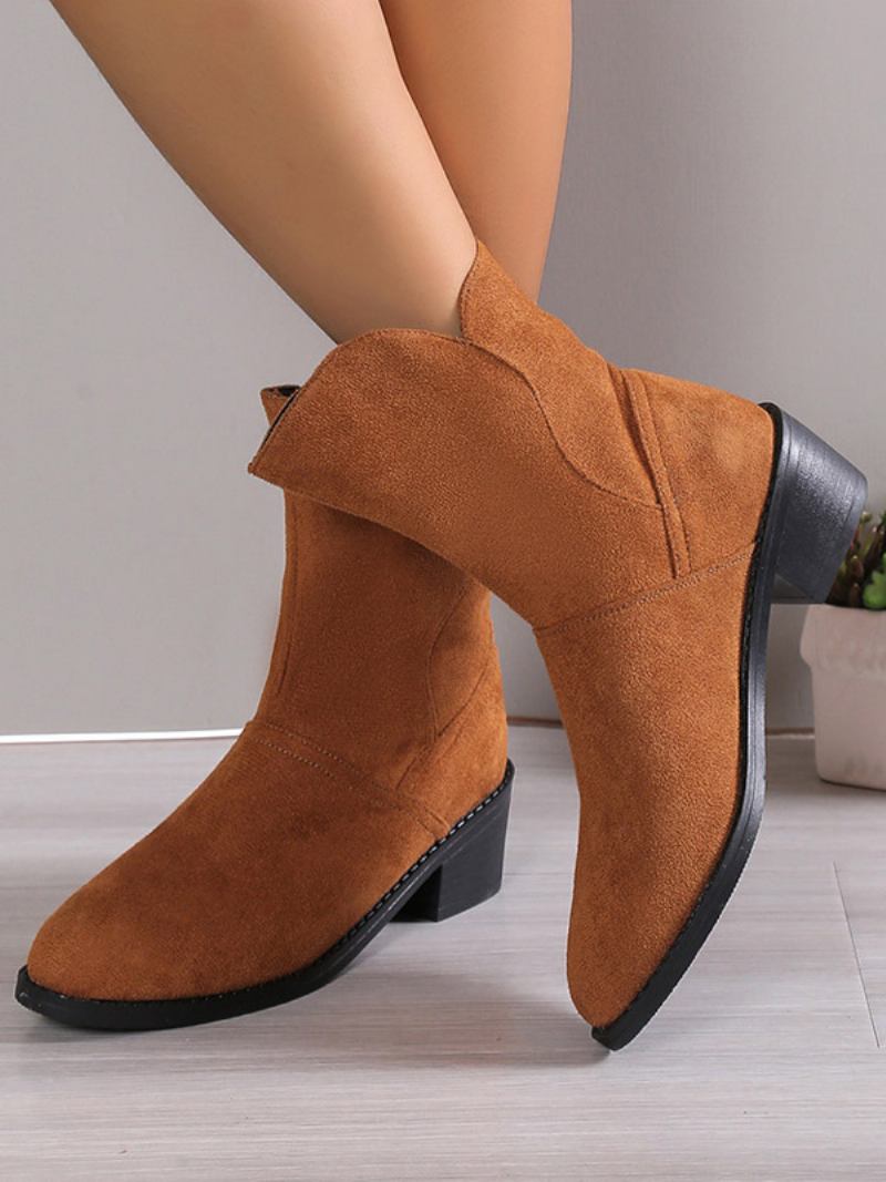 Botins Femininos Camurça Marrom Com Bico Redondo E Salto Grosso