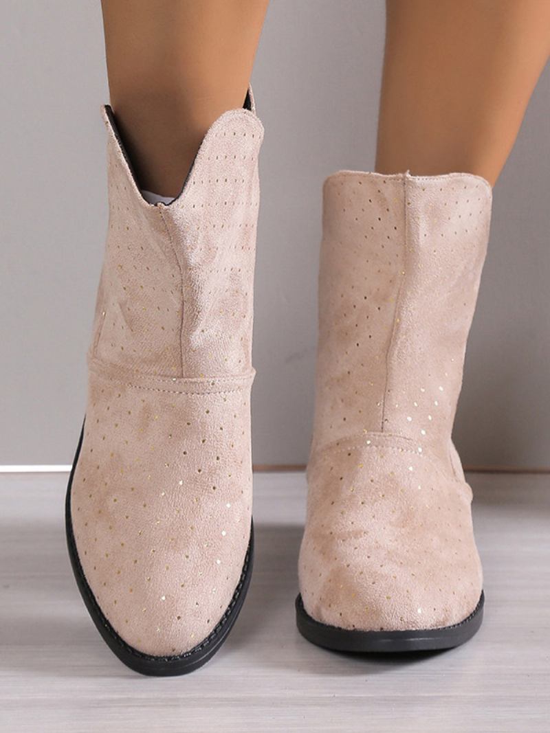 Botins Femininos Camurça Marrom Com Bico Redondo E Salto Grosso - Amarelo Claro