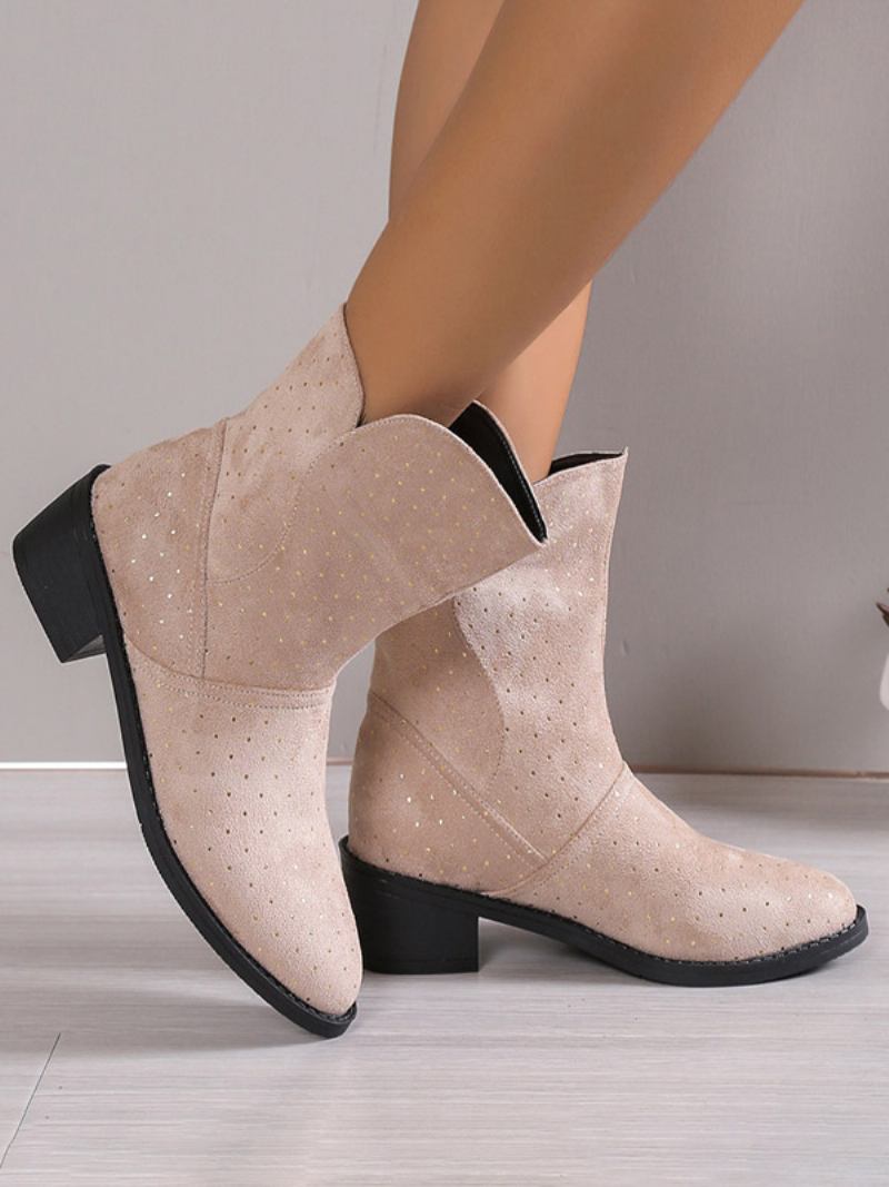 Botins Femininos Camurça Marrom Com Bico Redondo E Salto Grosso - Amarelo Claro