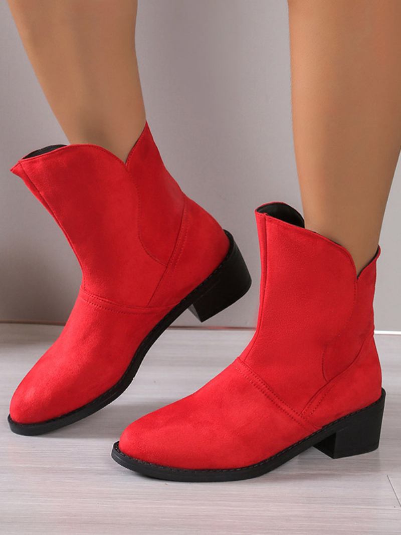 Botins Femininos Camurça Marrom Com Bico Redondo E Salto Grosso - Vermelho