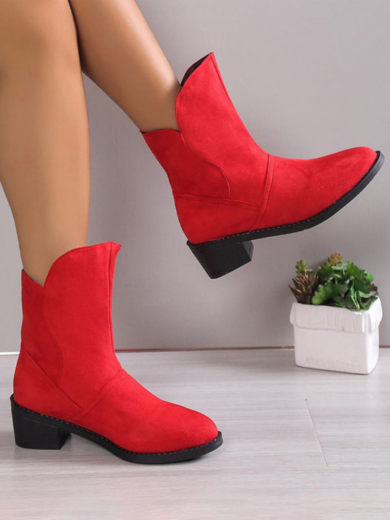 Botins Femininos Camurça Marrom Com Bico Redondo E Salto Grosso - Vermelho