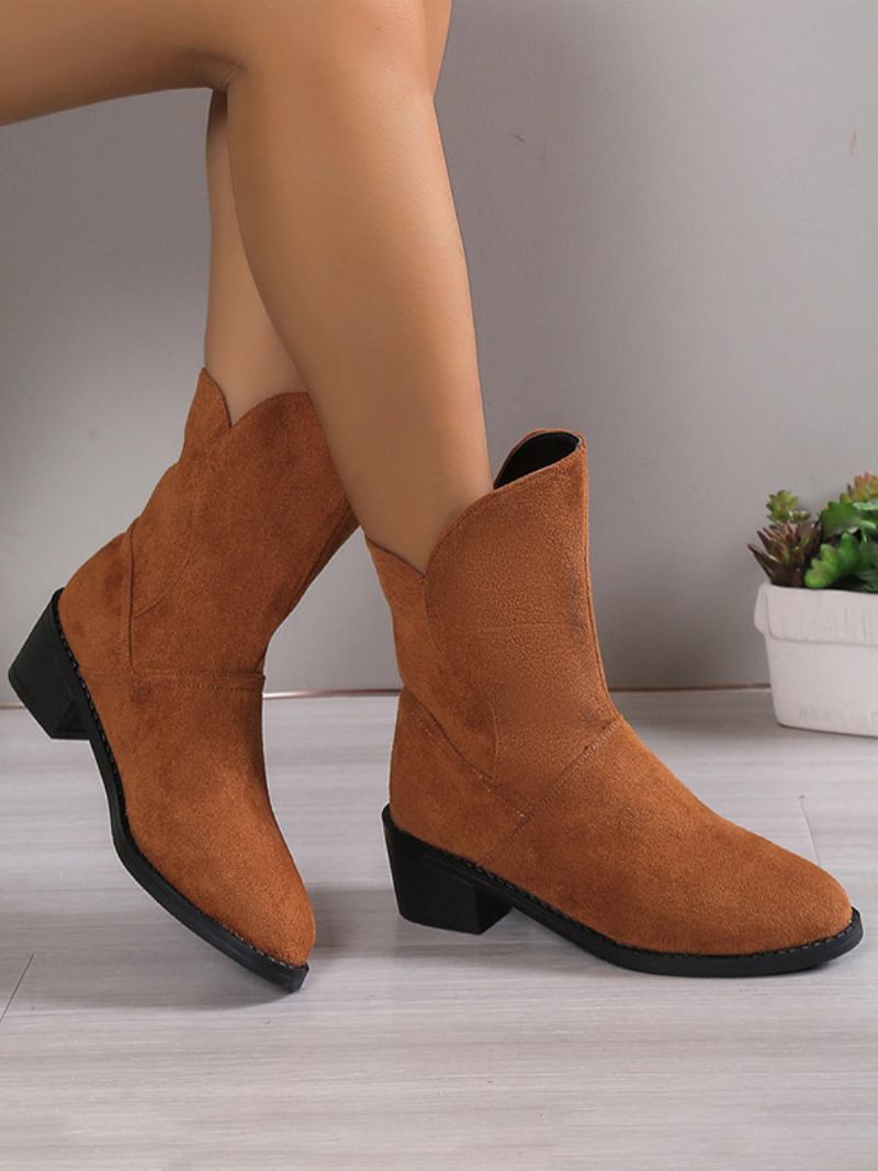 Botins Femininos Camurça Marrom Com Bico Redondo E Salto Grosso - Castanho Café