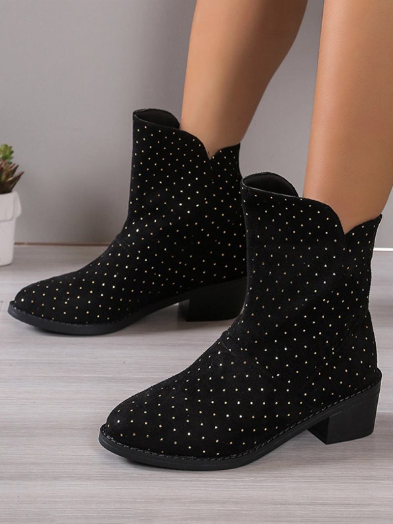 Botins Femininos Camurça Marrom Com Bico Redondo E Salto Grosso - Preto