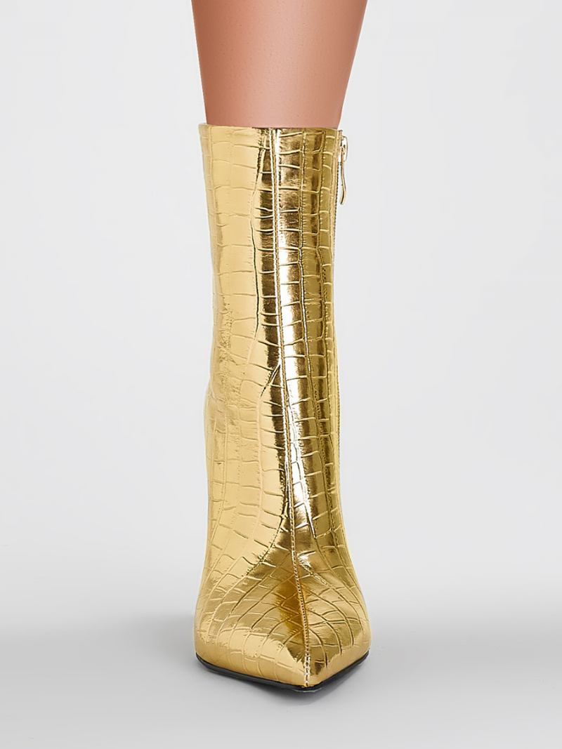 Botins Femininos Com Bico Fino Dourado E Salto Em Cunha - Ouro