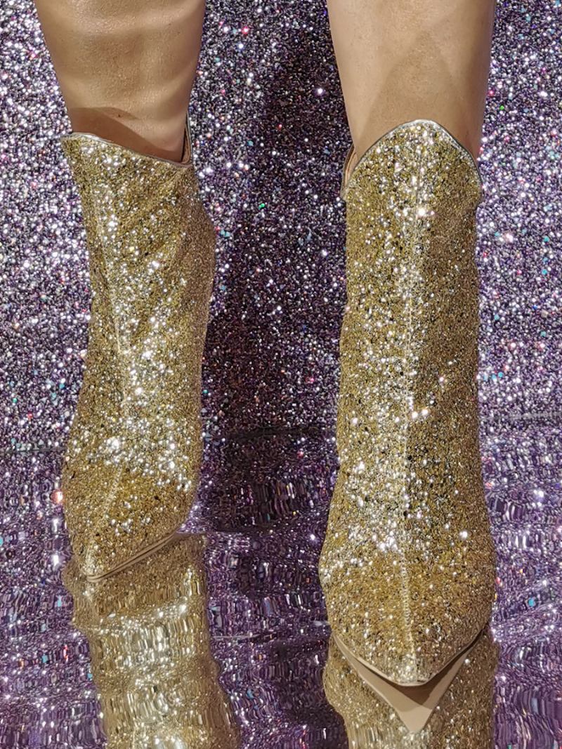 Botins Femininos Com Lantejoulas E Bico Fino Salto Agulha - Ouro