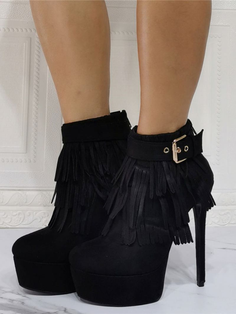 Botins Femininos Com Plataforma E Salto Agulha Em Camurça Preta - Preto