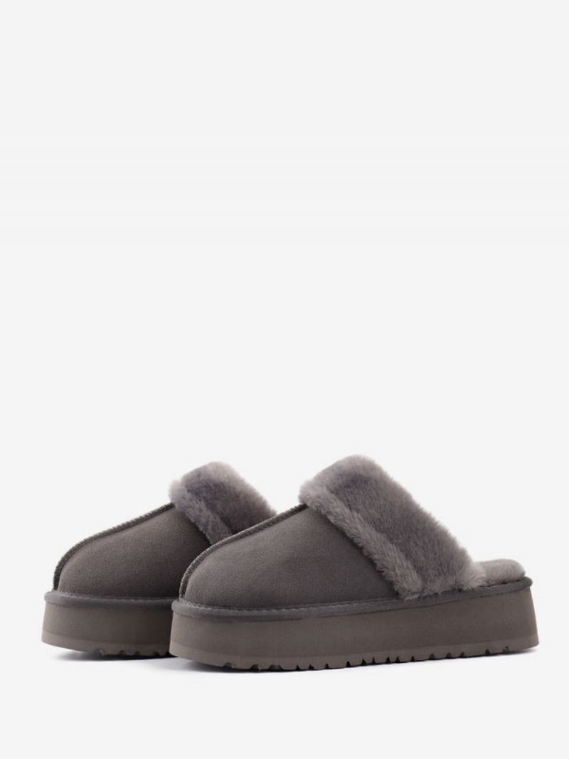Chinelos Femininos Camurça Com Plataforma Marrom Redondo Bico Curto Detalhe Pelúcia Inverno - Cinza Profundo